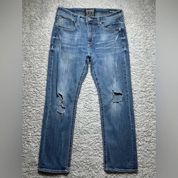 Salvage Jeans Mens 33 Havoc Straight Slim Fit Big Stitch Distressed Holes Party - Picture 1 of 4
